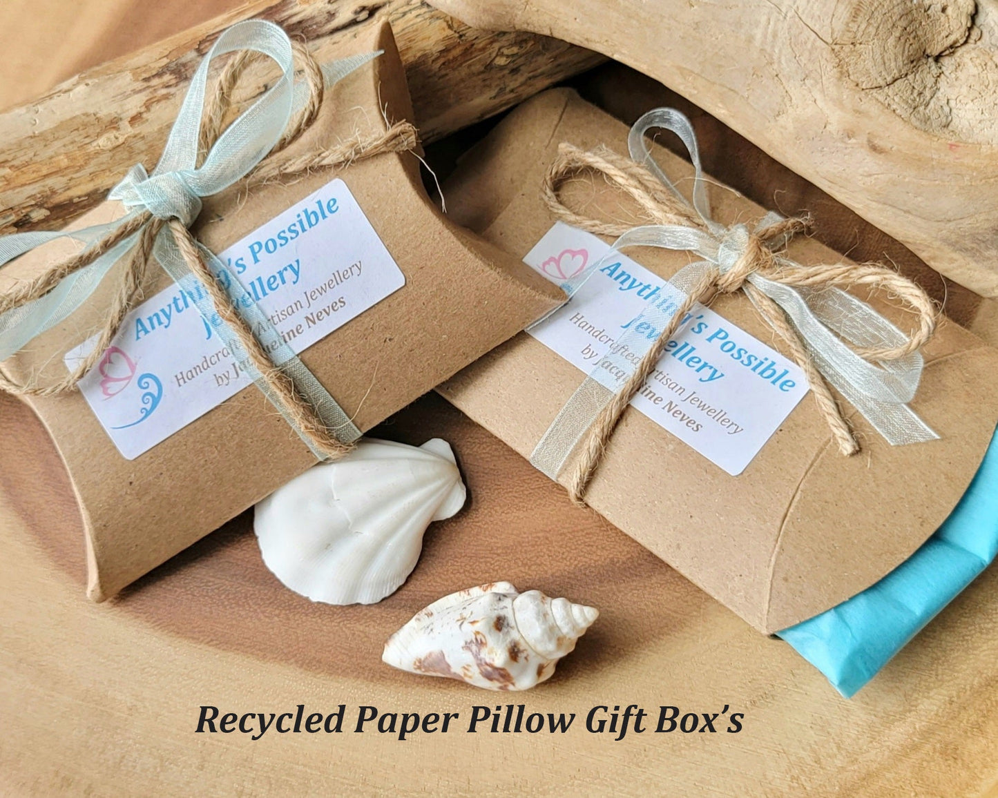 Eco Friendly Recycled Paper Pillow Gift Box with Tissue, Ribbon, and Twine