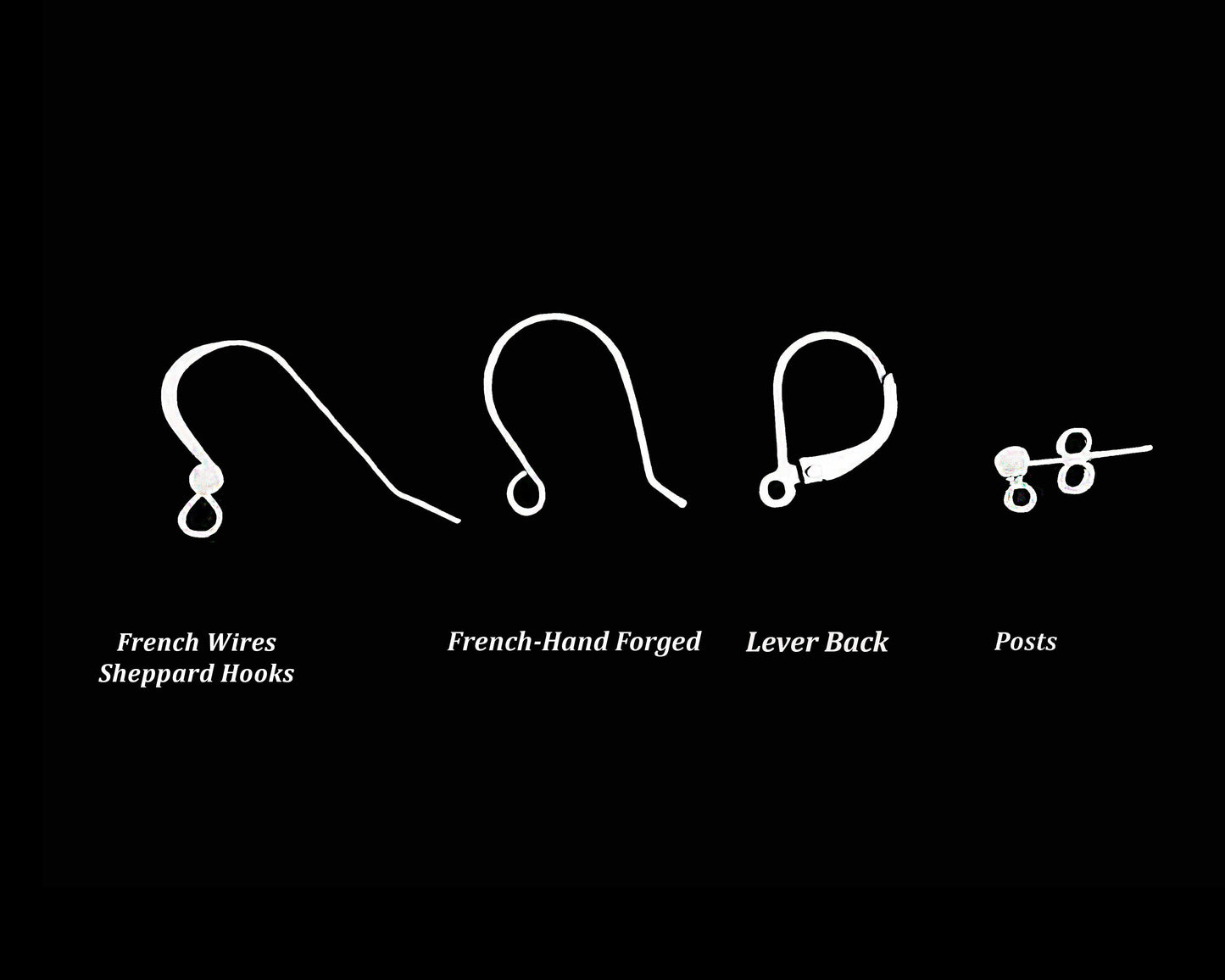 Earring Hook Styles, French, Lever Back and Posts on black background