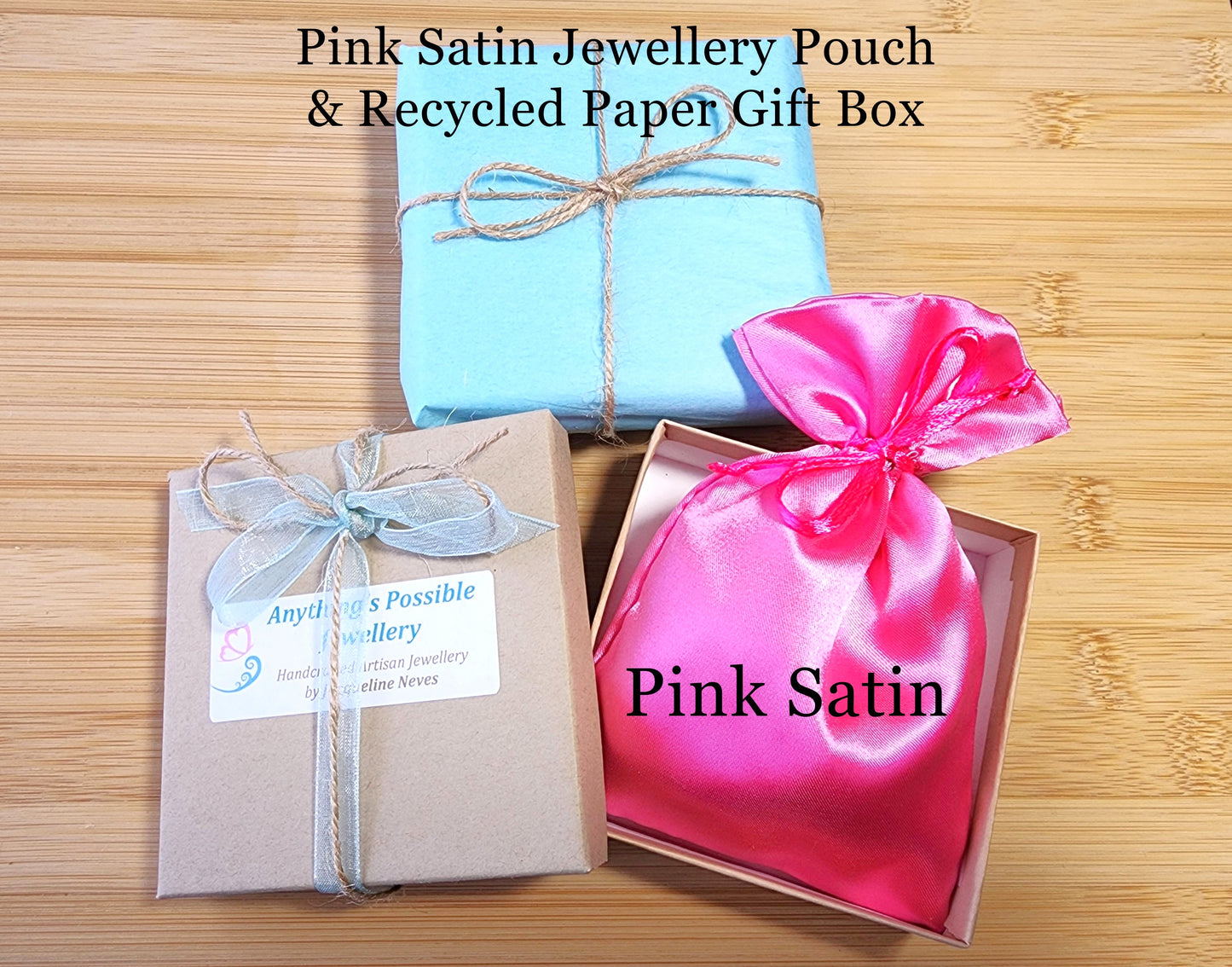 Eco Friendly Recycled Paper Gift Box, Reusable Pink Satin Jewellery Pouch, Tissue Paper, Ribbon, and Twine