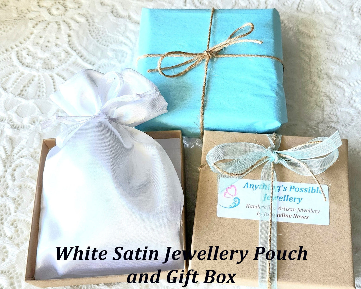 Eco Friendly Recycled Paper Gift Box, Reusable White Satin Jewellery Pouch, Tissue Paper, Ribbon, and Twine