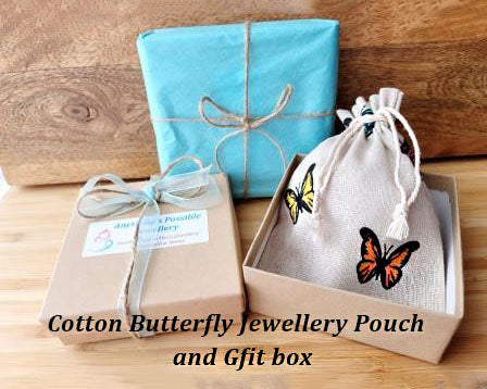 Eco Friendly Recycled Paper Gift Box, Reusable Butterfly Cotton Jewellery Pouch, Tissue Paper, Ribbon, and Twine