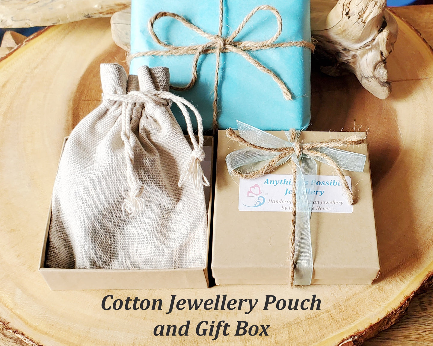 Eco Friendly Recycled Paper Gift Box, Reusable Cotton Jewellery Pouch, Tissue Paper, Ribbon, and Twine