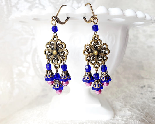 Vintage Blue Flower, Pink Pearl Long Chandelier Earrings, Deep Blue / Cobalt Blue/Sapphire Blue with Fuchsia Pink Pear Accents and Antique Brass/Bronze metal.
