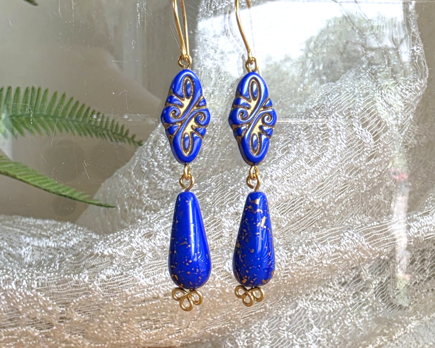 Long Vintage Style Golden Blue Lapis Glass Dangle Earrings-Brass