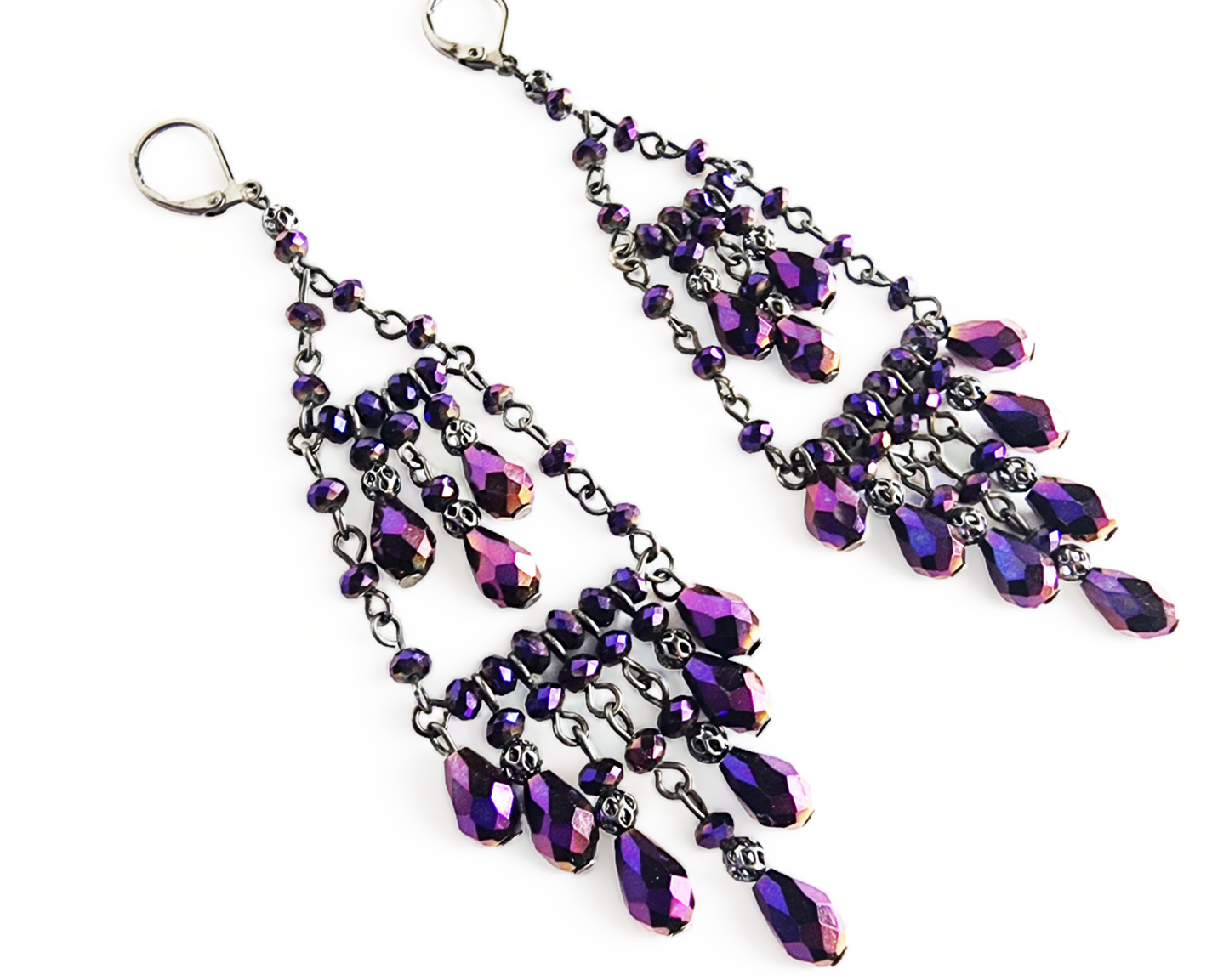Long Victorian Inspired Purple Sparkle Chandelier Earrings, Extra Long Purple Crystal Earrings with black shinny Gun metal