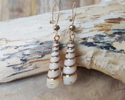 Golden Ocean Shell Dangle Earrings with gold trimmed cone shaped natural shells and sparkly gold french earrings hooks, displayed on beach wood