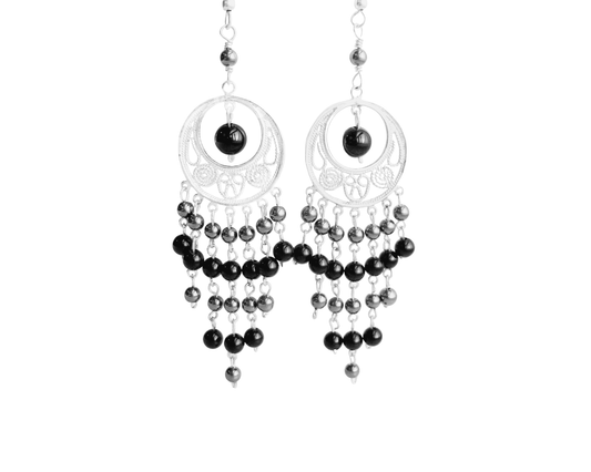Long Decorative Black Onyx Hematite Chandelier Earrings
