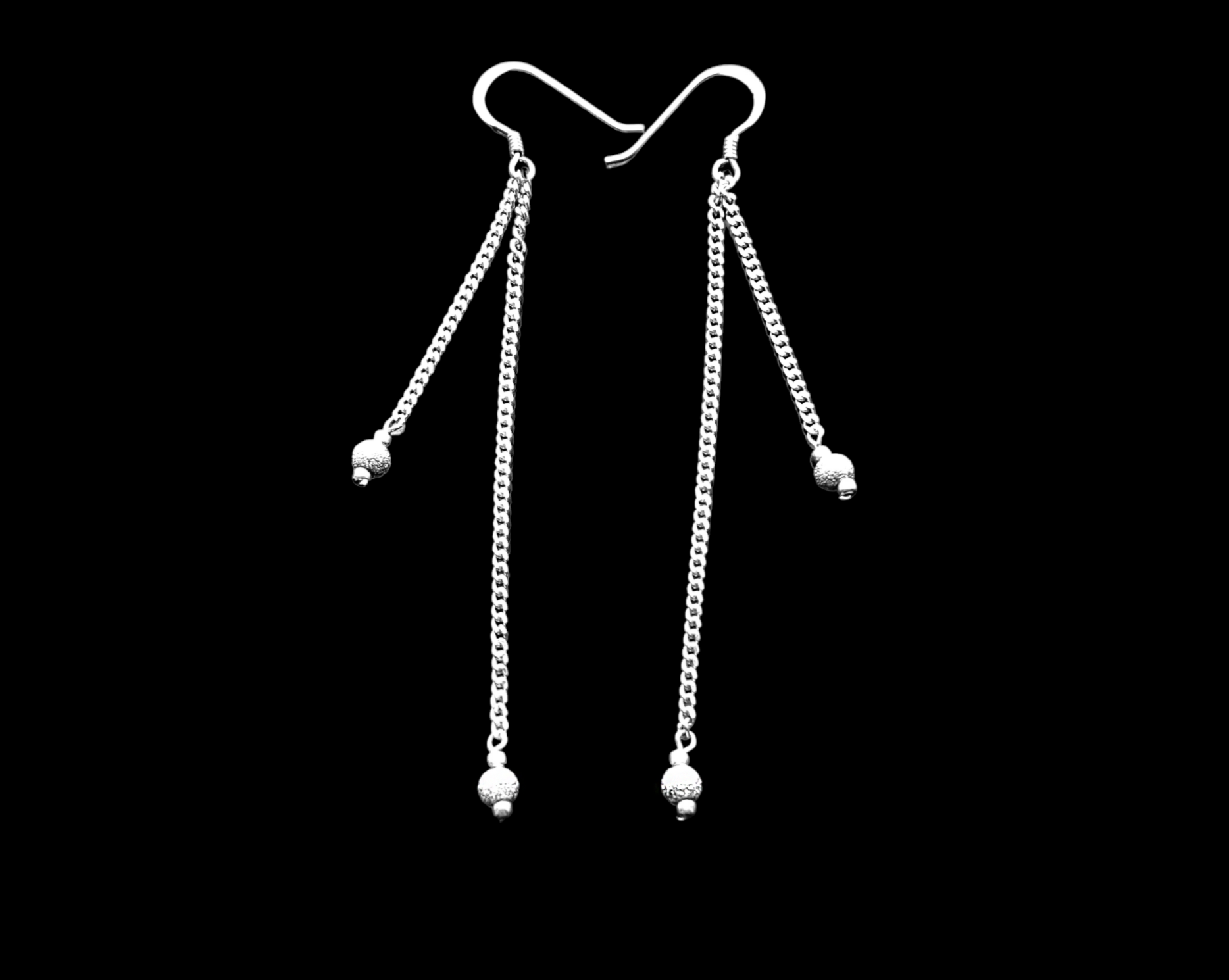 Extra Long Dangle Chain Earrings, Two long Sterling Silver chains with little sparkly balls on the base of each chain. Earrings dangle on french style earring hooks. Displayed on black background