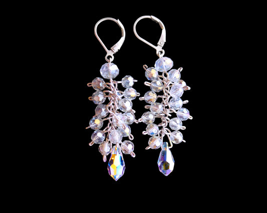 Fabulous Long Cluster Crystal Earrings, Sterling Silver, Long Crystal Earrings, Clear AB Crystal, 