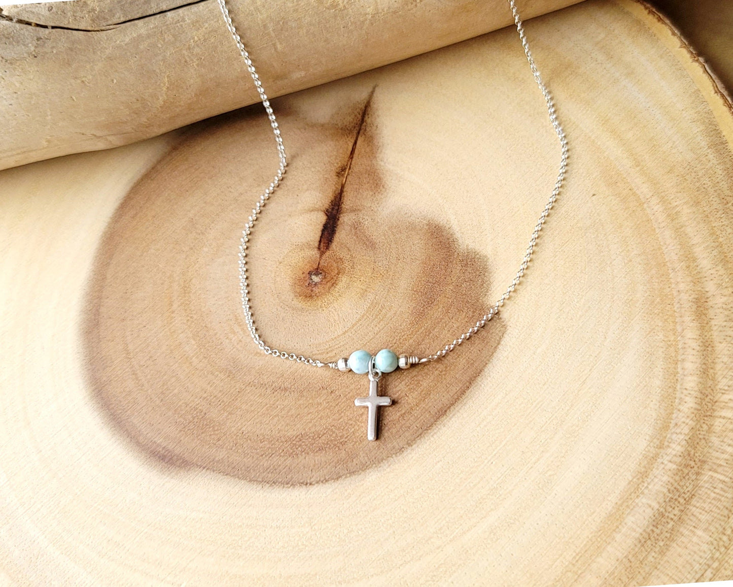 Dainty Cross and Larimar Necklace, Natural Larimar, Stefilia's Stone, Dolphin Stone, Sterling Silver