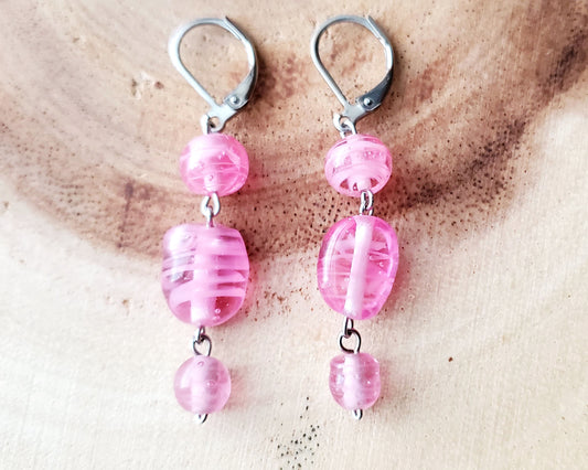 Long Eco Vintage Rose Pink Swirl Glass Dangle Earrings-Stainless Steel