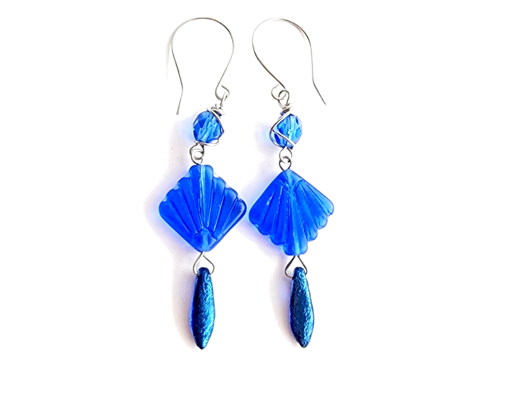 Extra Long Art Deco Style Sapphire Blue Shell Earrings-Stainless Steel