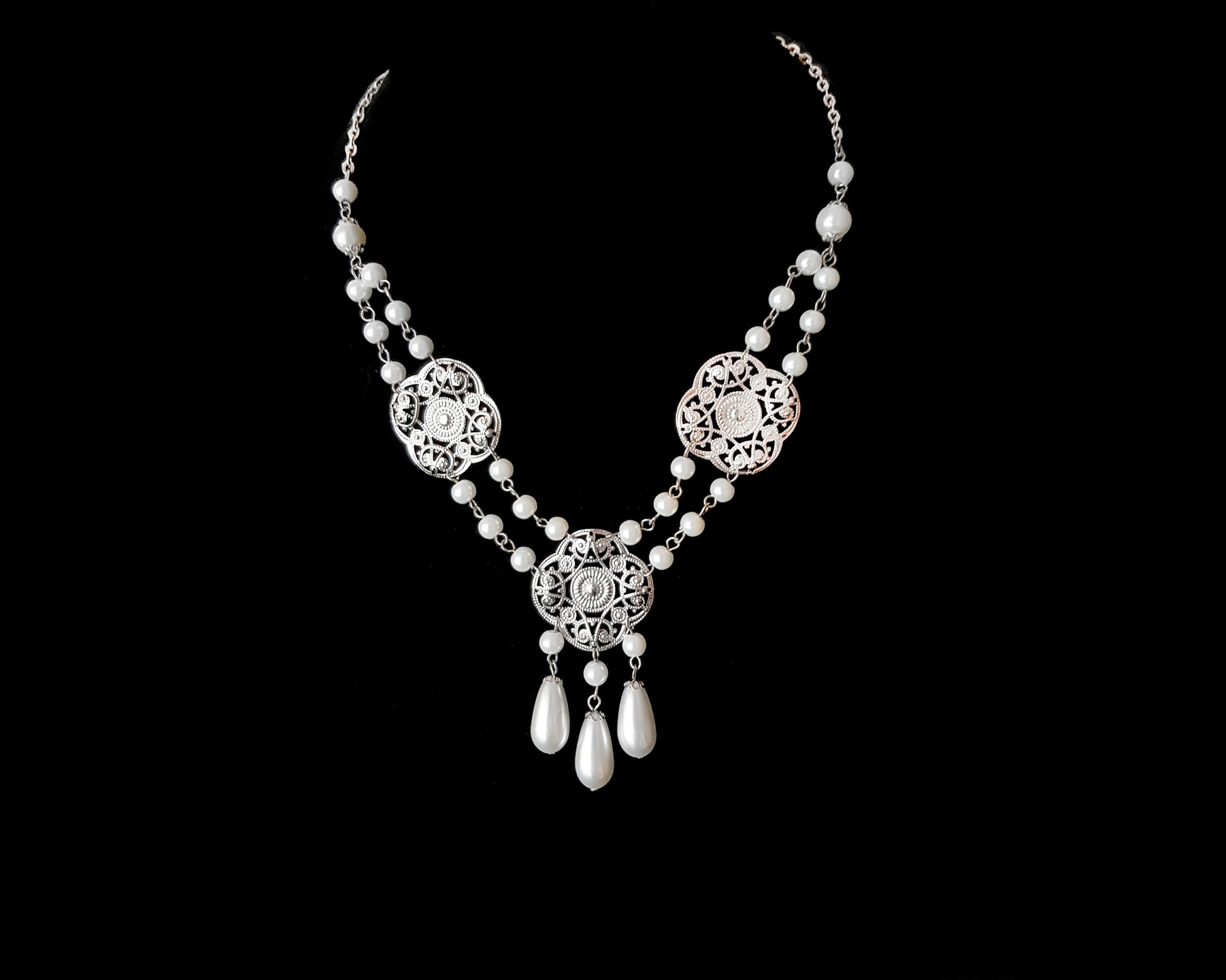 Edwardian Style Pearl Festoon Necklace-White Pearls-White Gold Finish