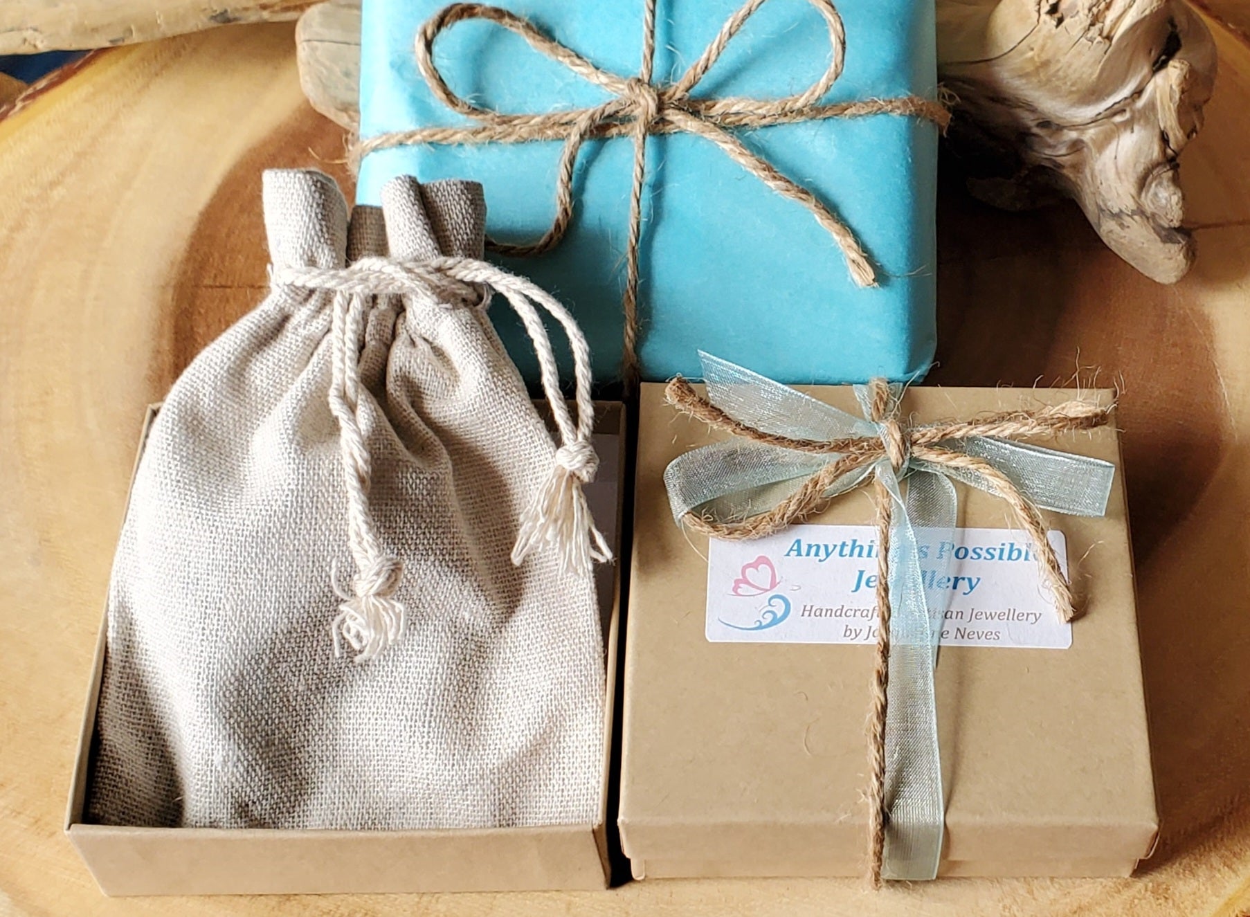 EEco Friendlier Recycled Paper Gift Box, Reusable Cotton Jewellery Pouch, Tissue Paper, Ribbon, and Twine