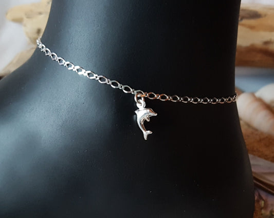 Silver Dolphin Ankle Bracelet-Anklet-Sterling Silver-Dolphin Pendant on Fancy Figaro Chain-Celtic Eternity Pendant