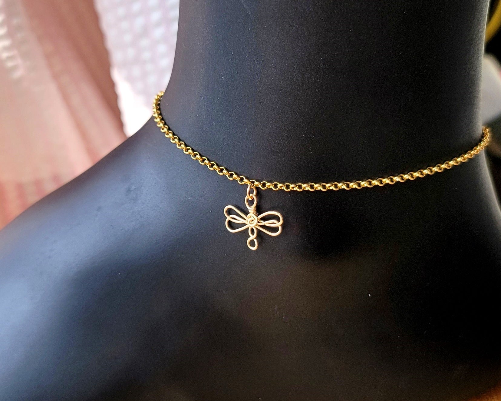 Golden Celtic Dragonfly Ankle Bracelet, Anklet, a Celtic style Dragonfly pendant on a Rolo style chain