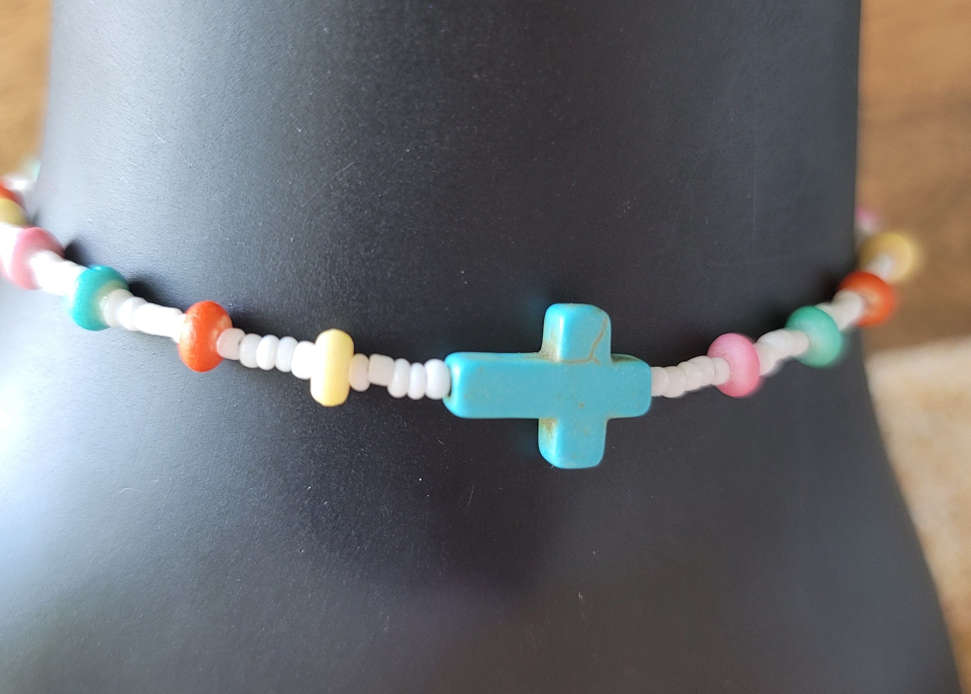 Beaded Turquoise Sideways Cross Boho Anklet / Ankle Bracelet, Turquoise Sideways Cross with Multi Color Beads