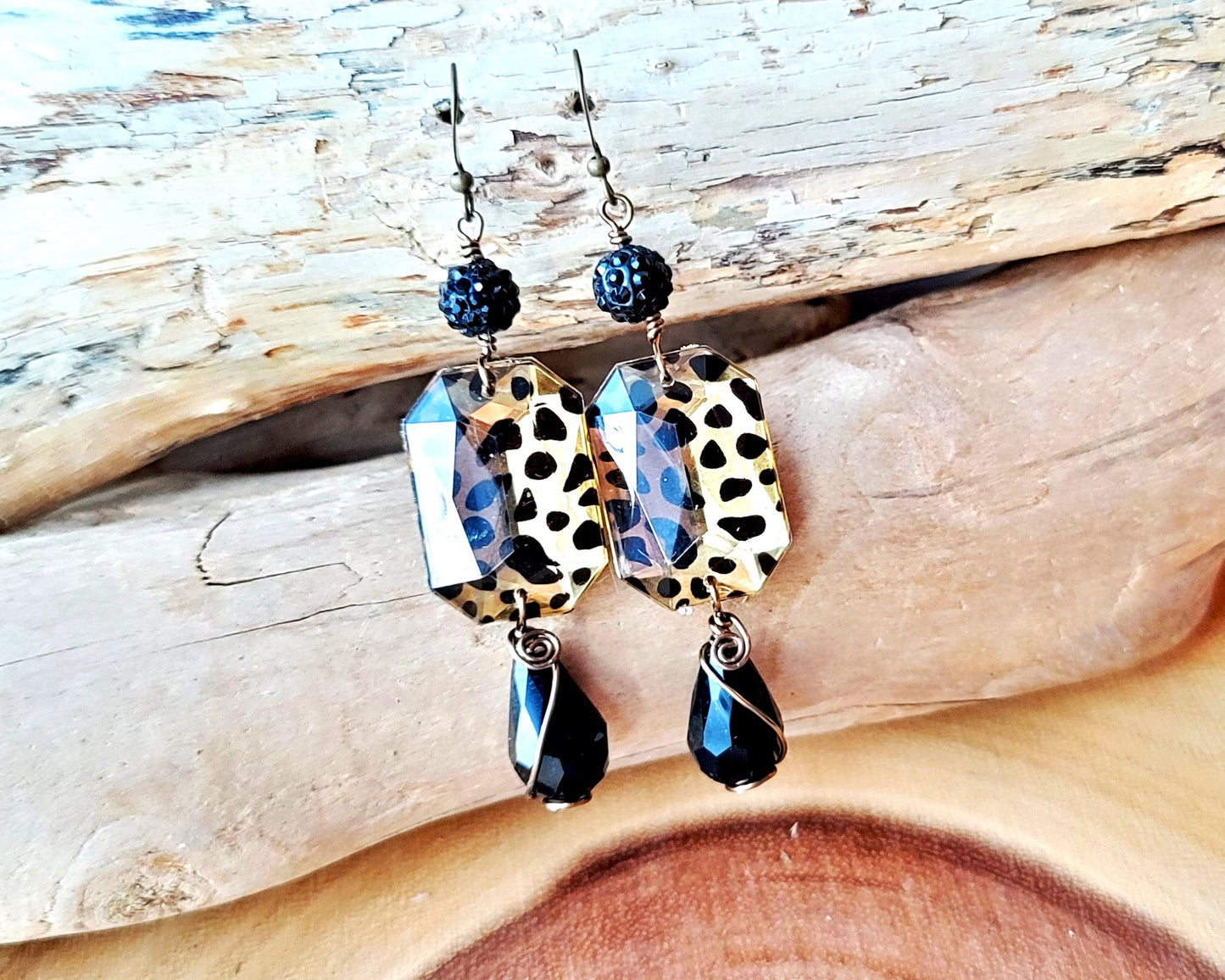 Wild and Fun Leopard and Vintage Black Crystal Earrings Handmade with Upcycled Vintage and New Crystal, Repurposed Leopard rhinestones
