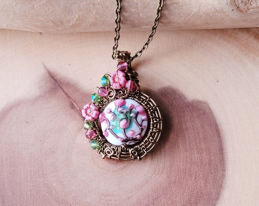 Cherry Blossom Pendant, Wire Wrapped Floral OOAK Pendant on chain.