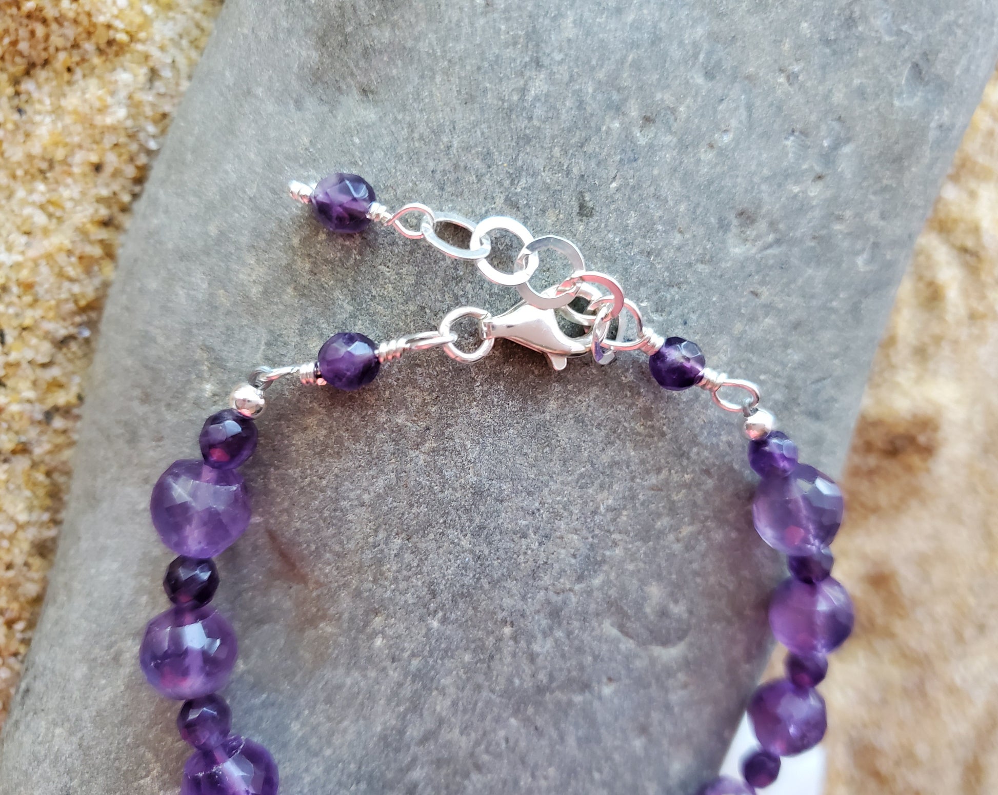 Amethyst Brilliance Bracelet, Beaded AA Amethyst Sterling Silver Bracelet,  Lobster claw clasp and extension chain.