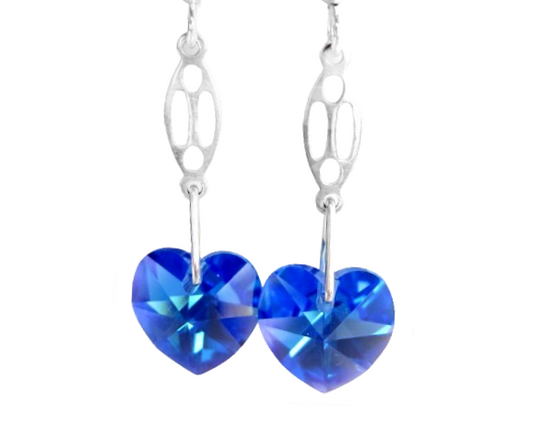 Art Deco Style Sapphire Heart Earrings made wit Upcycled Sterling Silver and New, with Sapphire blue Crystal Hearts