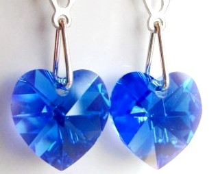 Art Deco Style Sapphire Heart Earrings made wit Upcycled Sterling Silver and New, with Sapphire blue Crystal Hearts
