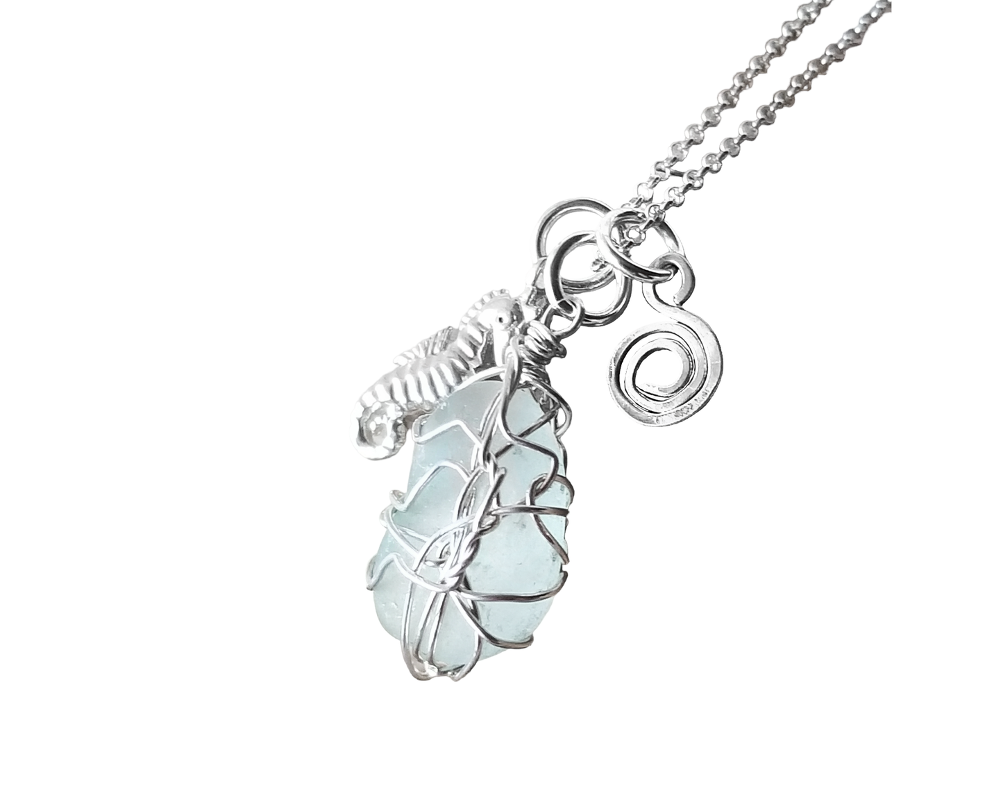 Seahorse Eternity Beach Glass Necklace, Sterling Silver, Beach Glass/Sea glass, Lake Ontario, Seahorse Pendant, Celtic Eternity coil pendant.