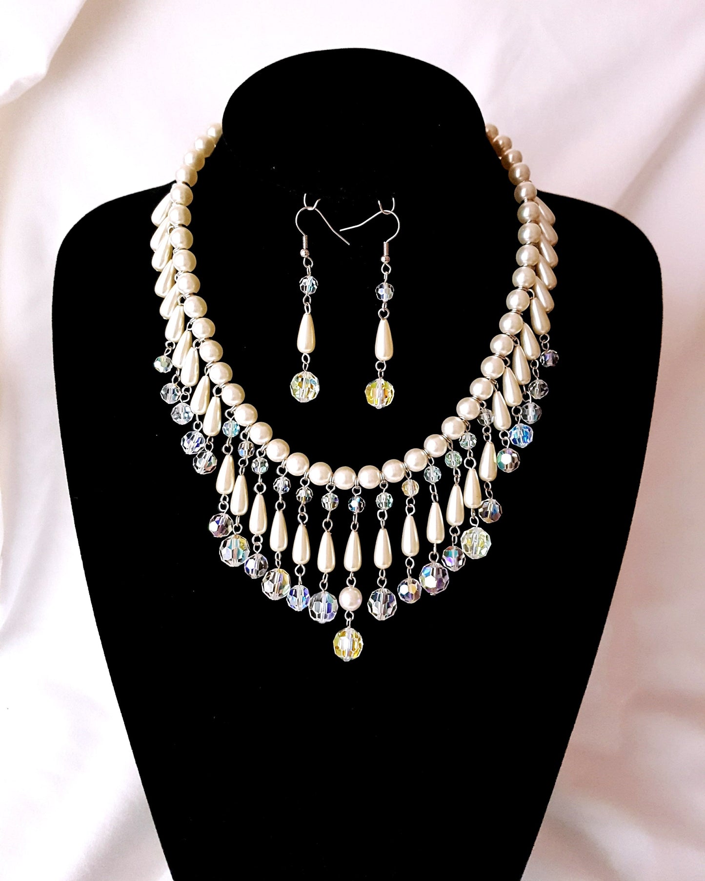 Pearl Crystal Elaborate Beaded Collar Necklace and Earring Set made with White Vintage Pearls and Clear AB Vintage Crystal