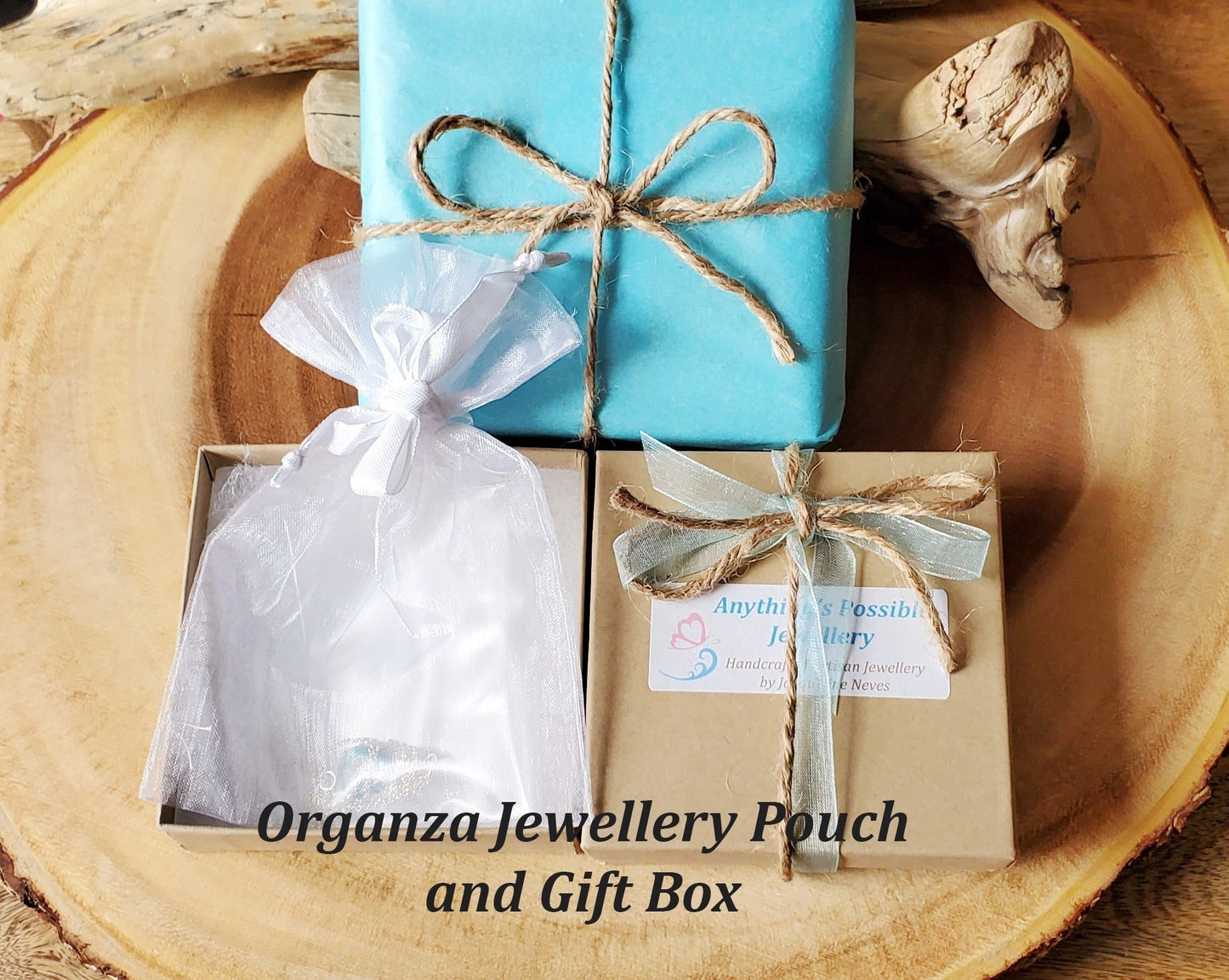Eco Friendlier Recycled Paper Gift Box, Reusable White Organza Jewellery Pouch, Tissue Paper, Ribbon, and Twine