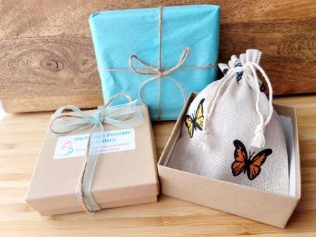 Eco Friendlier Recycled Paper Gift Box, Reusable Butterfly Cotton Jewellery Pouch, Tissue Paper, Ribbon, and Twine