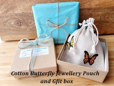 Eco Friendlier Recycled Paper Gift BoxCotton Butterfly Jewellery Pouch, Tissue Paper, Ribbon, and Twine