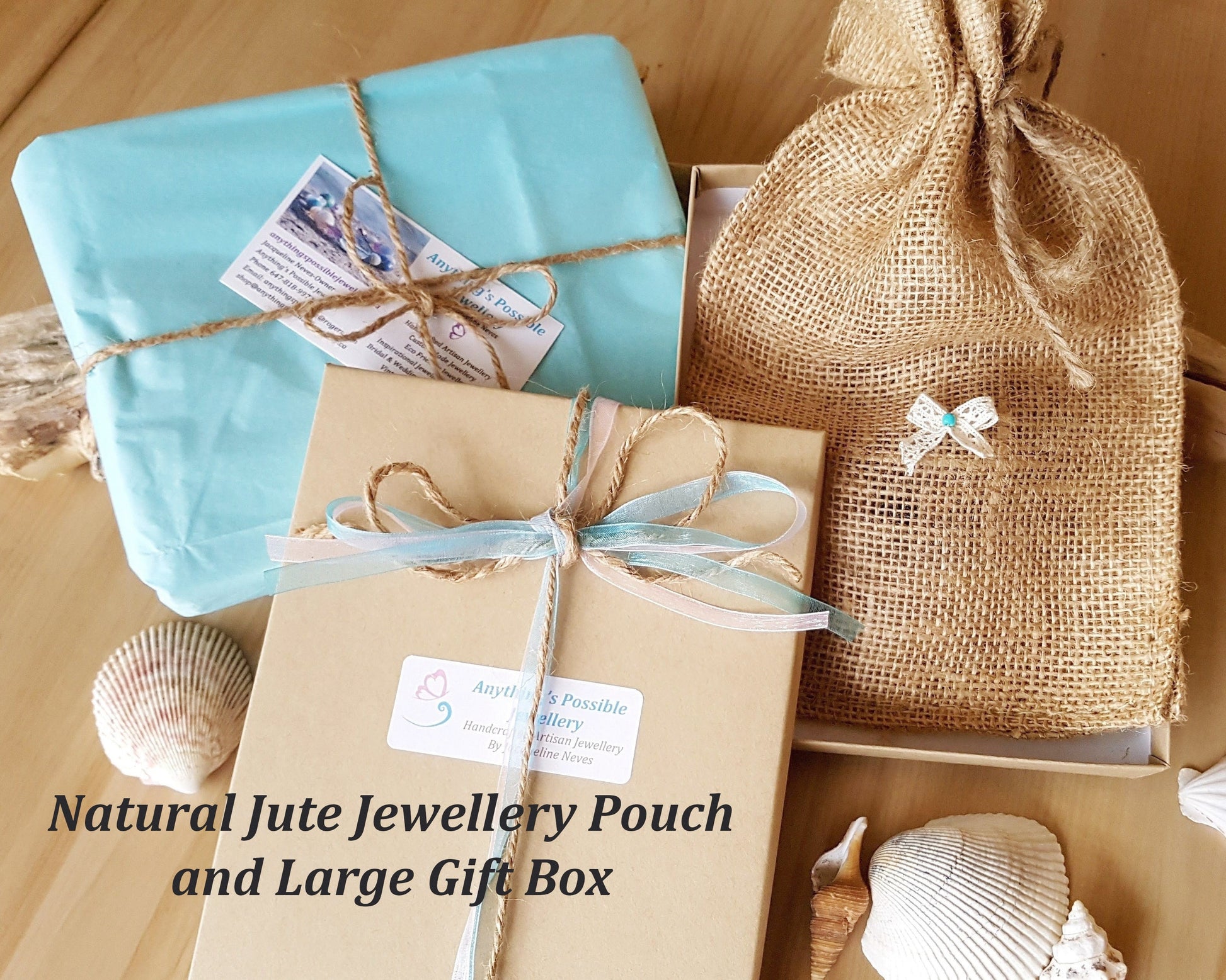 Eco Friendlier Recycled Paper Gift Box, Reusable Natural Jute Jewellery Pouch, Tissue Paper, Ribbon, and Twine