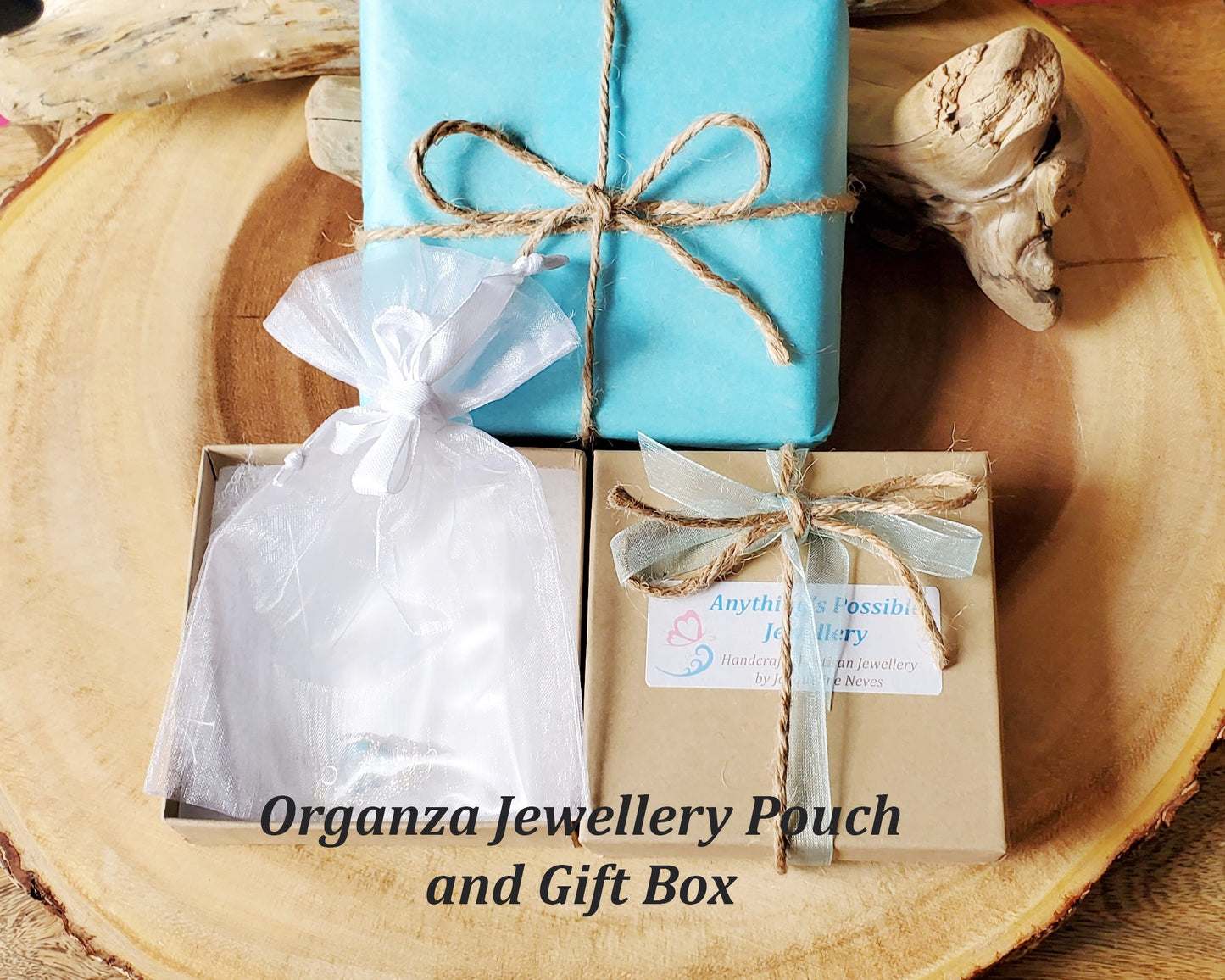 Recycled Paper Gift Box, Reusable White Organza Jewellery Pouch, Tissue Paper, Ribbon and Twine