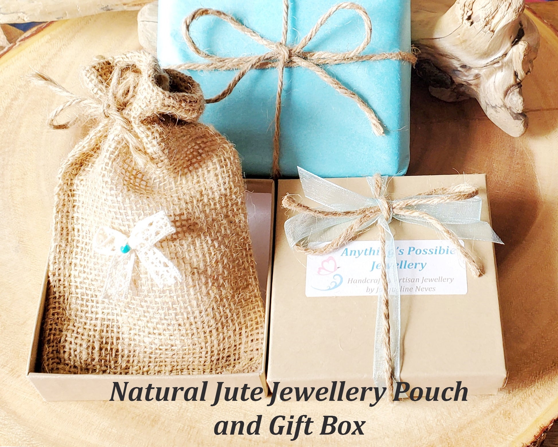 Eco Friendlier Recycled Paper Gift Box, Reusable Jute Jewellery Pouch with Bow, Tissue Paper, Ribbon, and Twine