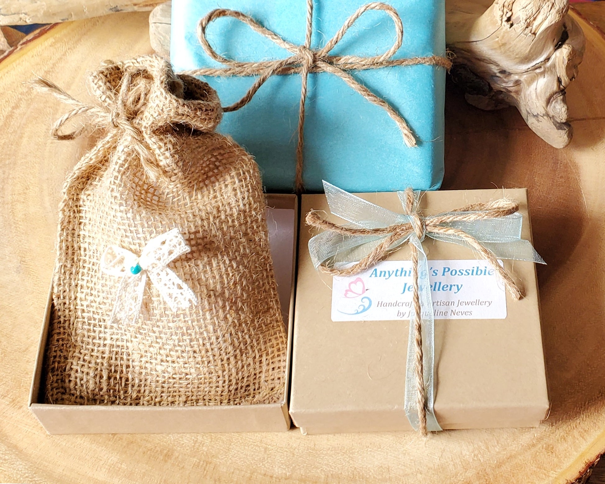 Eco Friendlier Recycled Paper Gift Box, Reusable Natural Jute Jewellery Pouch, Tissue Paper, Ribbon, and Twine