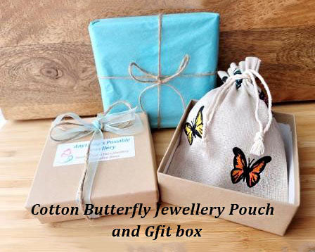  Eco Friendly  Recycled Paper Gift Box, Reusable Butterfly Cotton Jewellery Pouch, Tissue Paper, Ribbon, and Twine