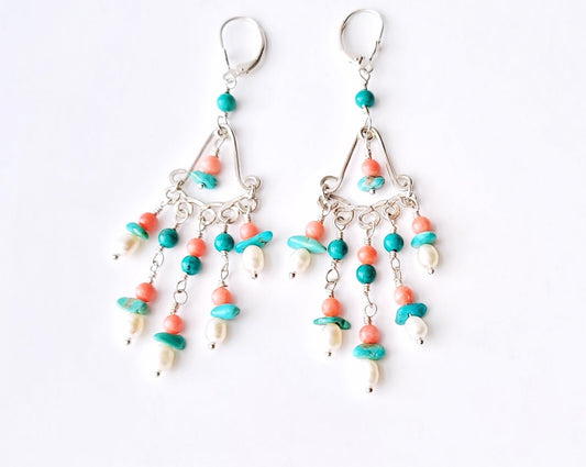 Celebration Chandelier Earrings, Long Turquoise Coral Pearl Celebration Chandelier Earrings