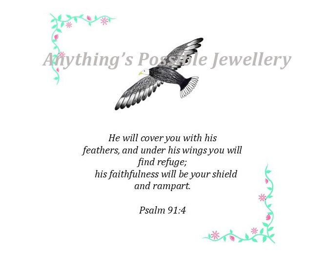 White Card with a drawing of an Eagle and little pink flowers on green vines and scripture Psalm from the bible 91:4 