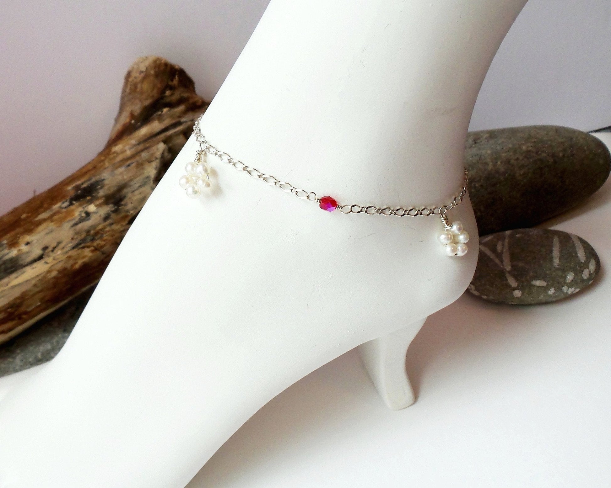 Personalized Pearl Flower Birthstone Anklet-Ankle Bracelet