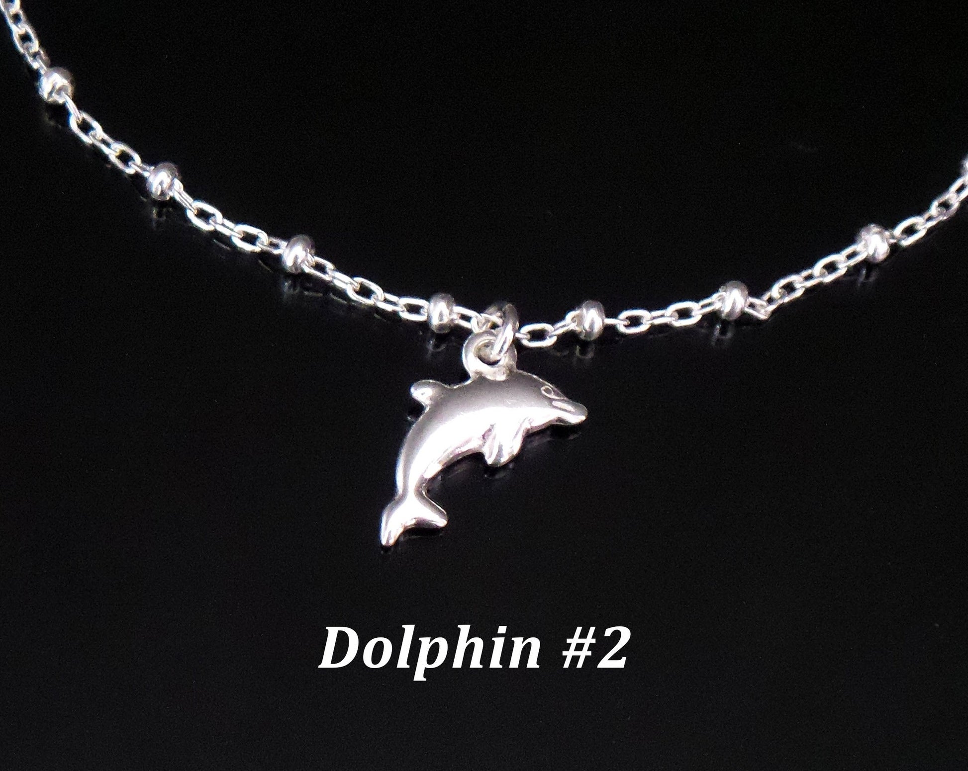 Deluxe Silver Dolphin Satellite Ankle Bracelet / Anklet, Dolphin Pendant on Satellite, Beaded Style chain, lobster claw clasp. 