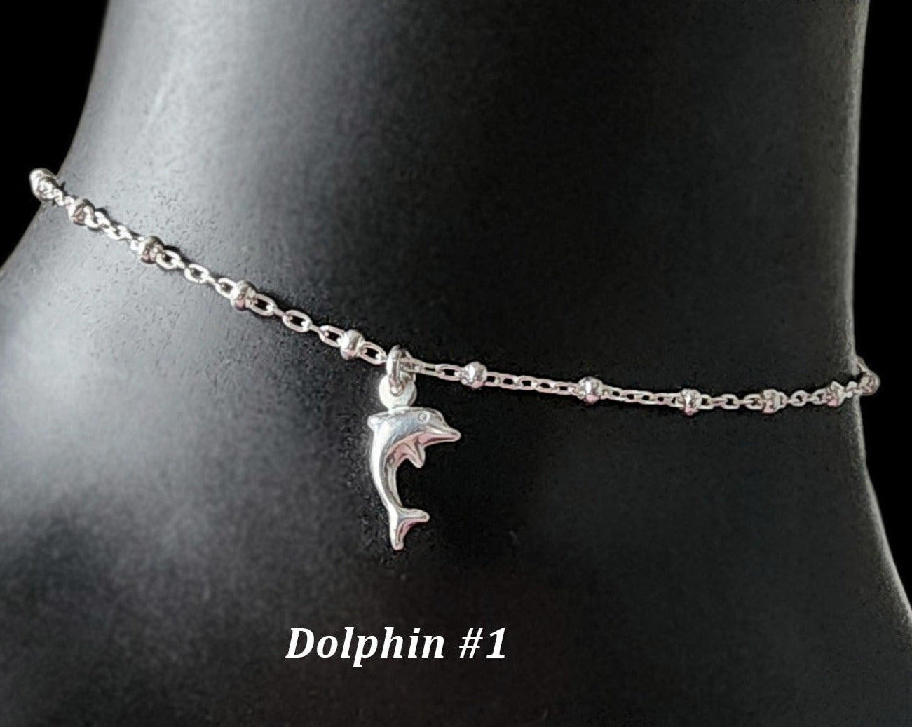 Deluxe Silver Dolphin Satellite Ankle Bracelet / Anklet, Dolphin Pendant on Satellite, Beaded Style chain, lobster claw clasp. 