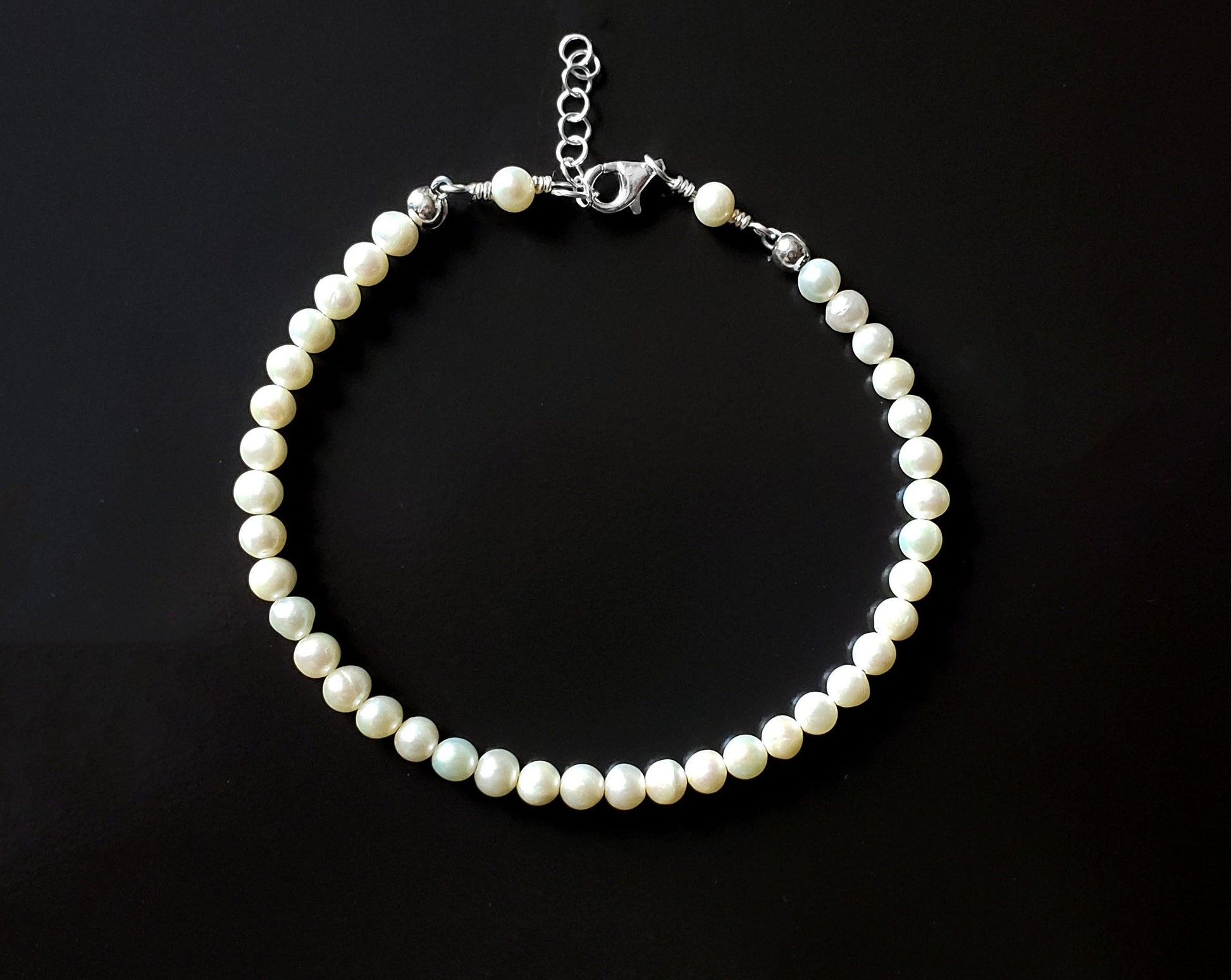 Genuine Pearl Anklet-Ankle Bracelet-Handcrafted-High Quality White Freshwater Cultured Pearls-925 Sterling Silver