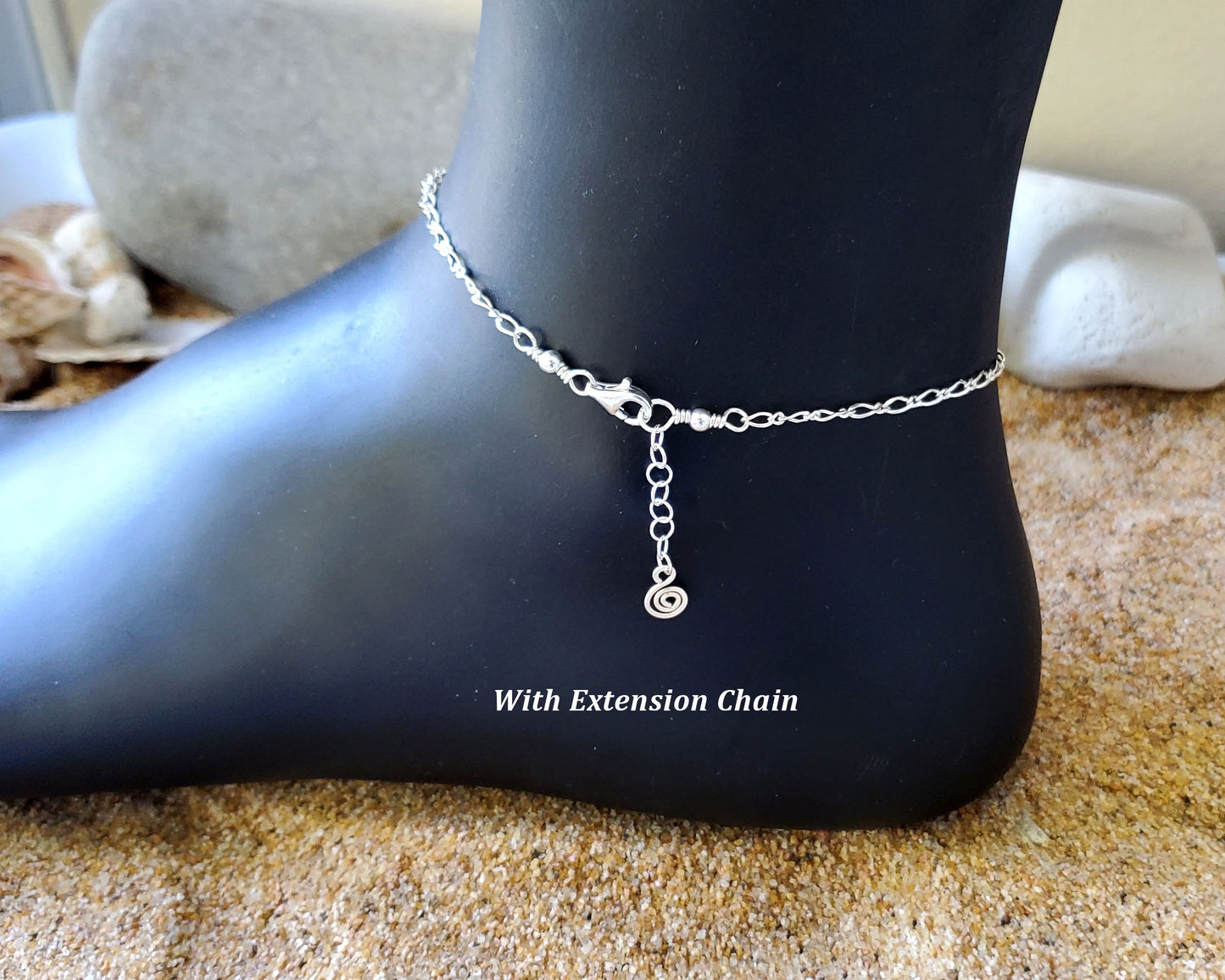 Personalized Claddagh Ankle Bracelet-Anklet with Celtic Eternity Coil on the end of the anklet at the clasp
