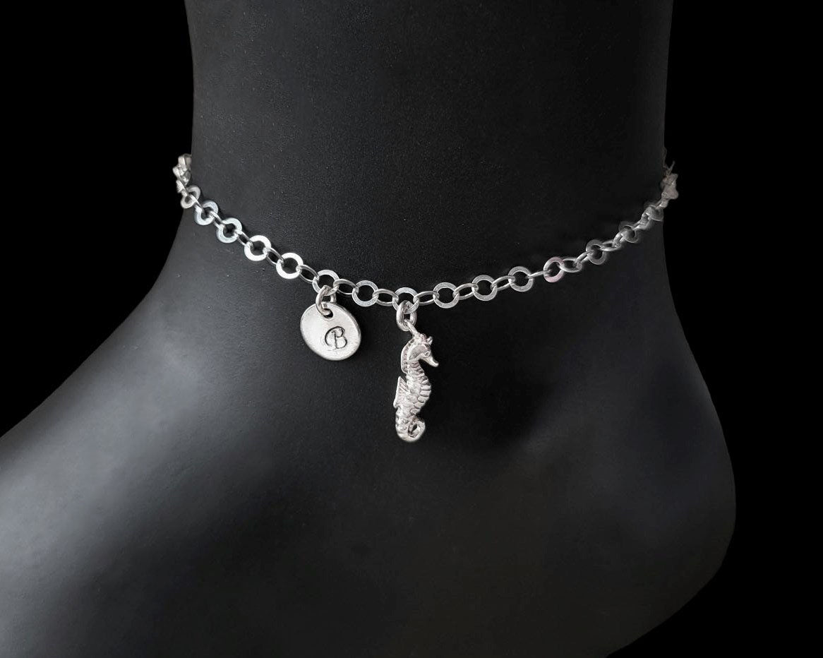 Deluxe Personalized Seahorse Initial Eternity Anklet-Ankle Bracelet, A Seahorse Pendant and round disk shaped Initial pendant dangle from a sparkly flat rolo style chain. 