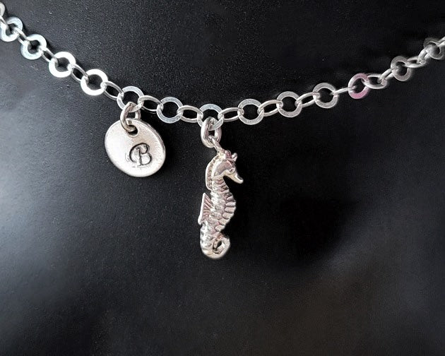 Deluxe Personalized Seahorse Initial Eternity Anklet-Ankle Bracelet, A Seahorse Pendant and round disk shaped Initial pendant dangle from a sparkly flat rolo style chain. 