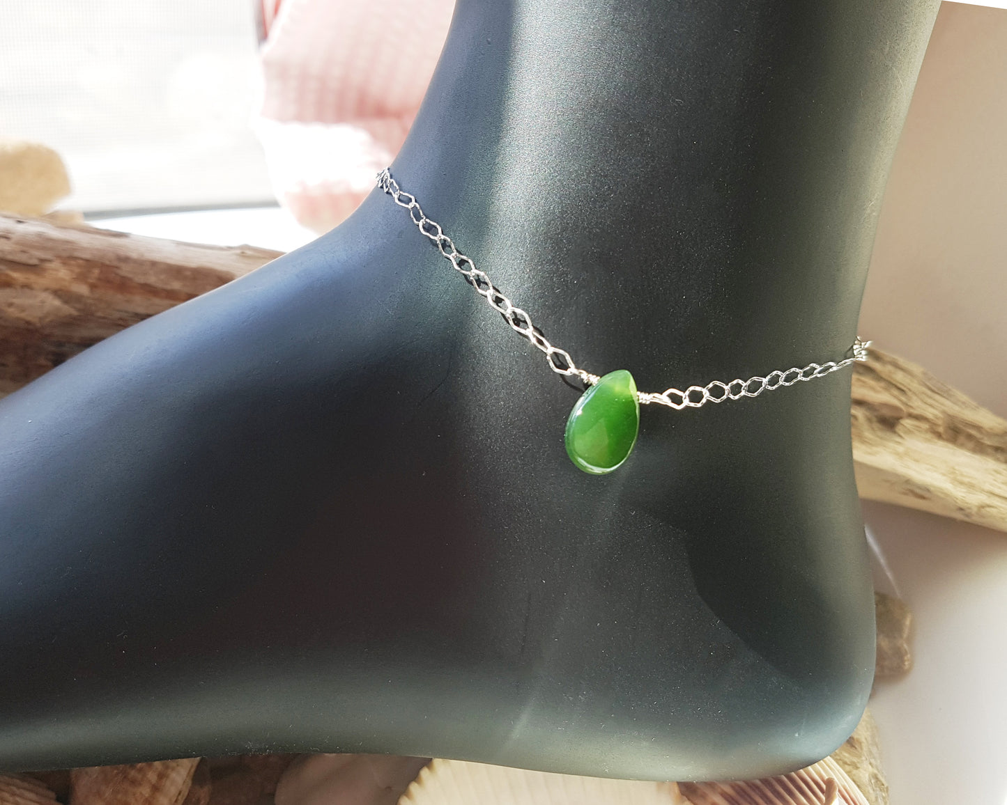 Green Jade Celtic Eternity Anklet, Anklet Bracelet, Celtic Eternity Coil, Drop Shaped Jade Stone in the middle of decorative Sterling Silver chain