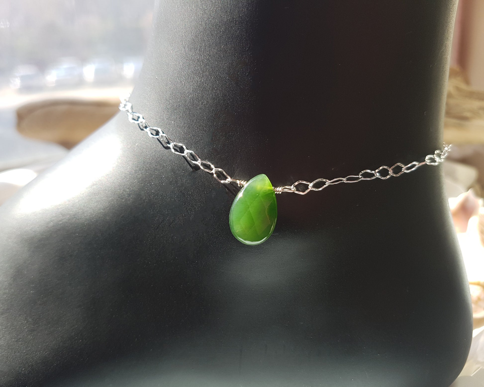 Green Jade Celtic Eternity Anklet, Anklet Bracelet, Celtic Eternity Coil, Drop Shaped Jade Stone in the middle of decorative Sterling Silver chain