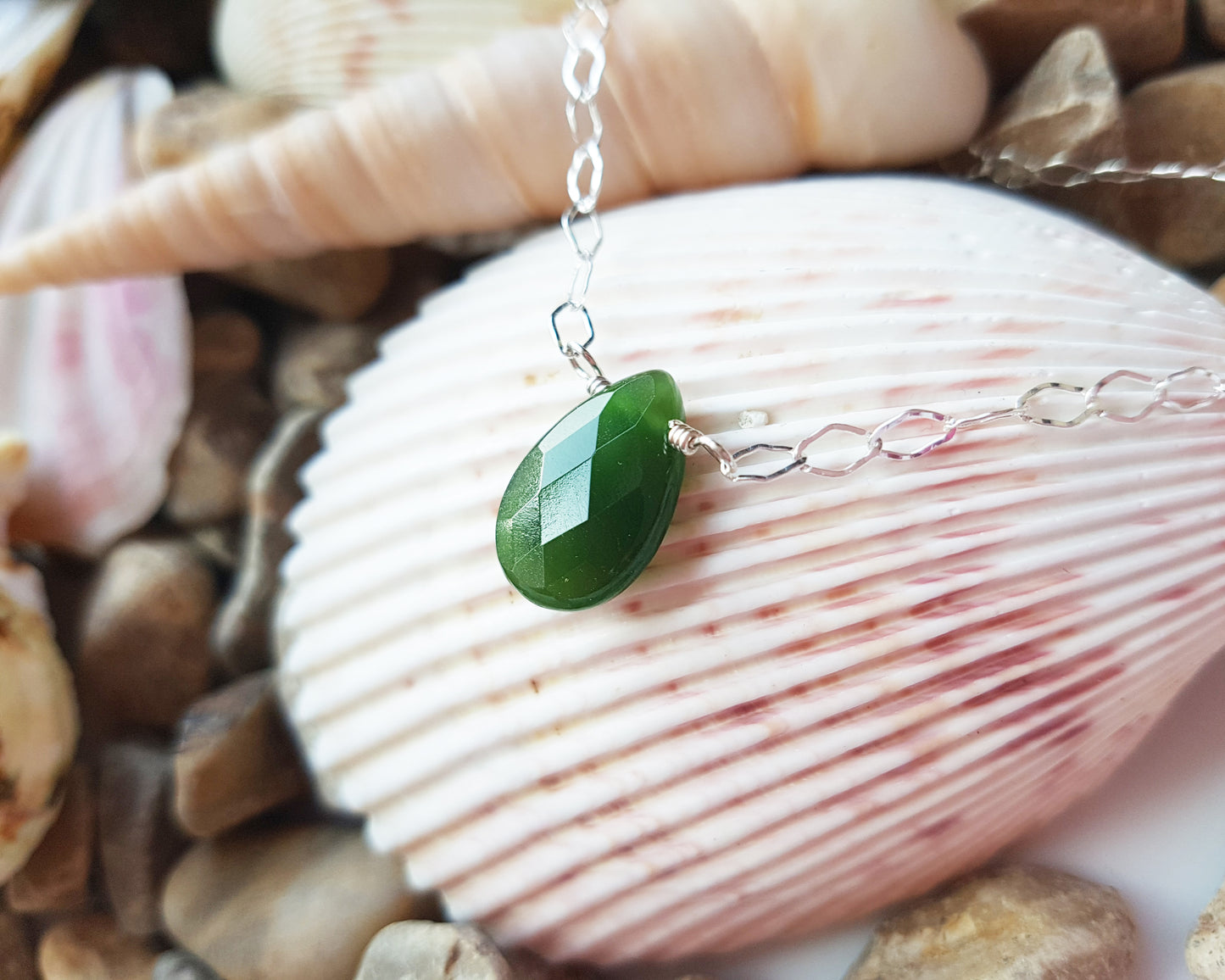 Green Jade Celtic Eternity Anklet, Anklet Bracelet, Celtic Eternity Coil, Drop Shaped Jade Stone in the middle of decorative Sterling Silver chain