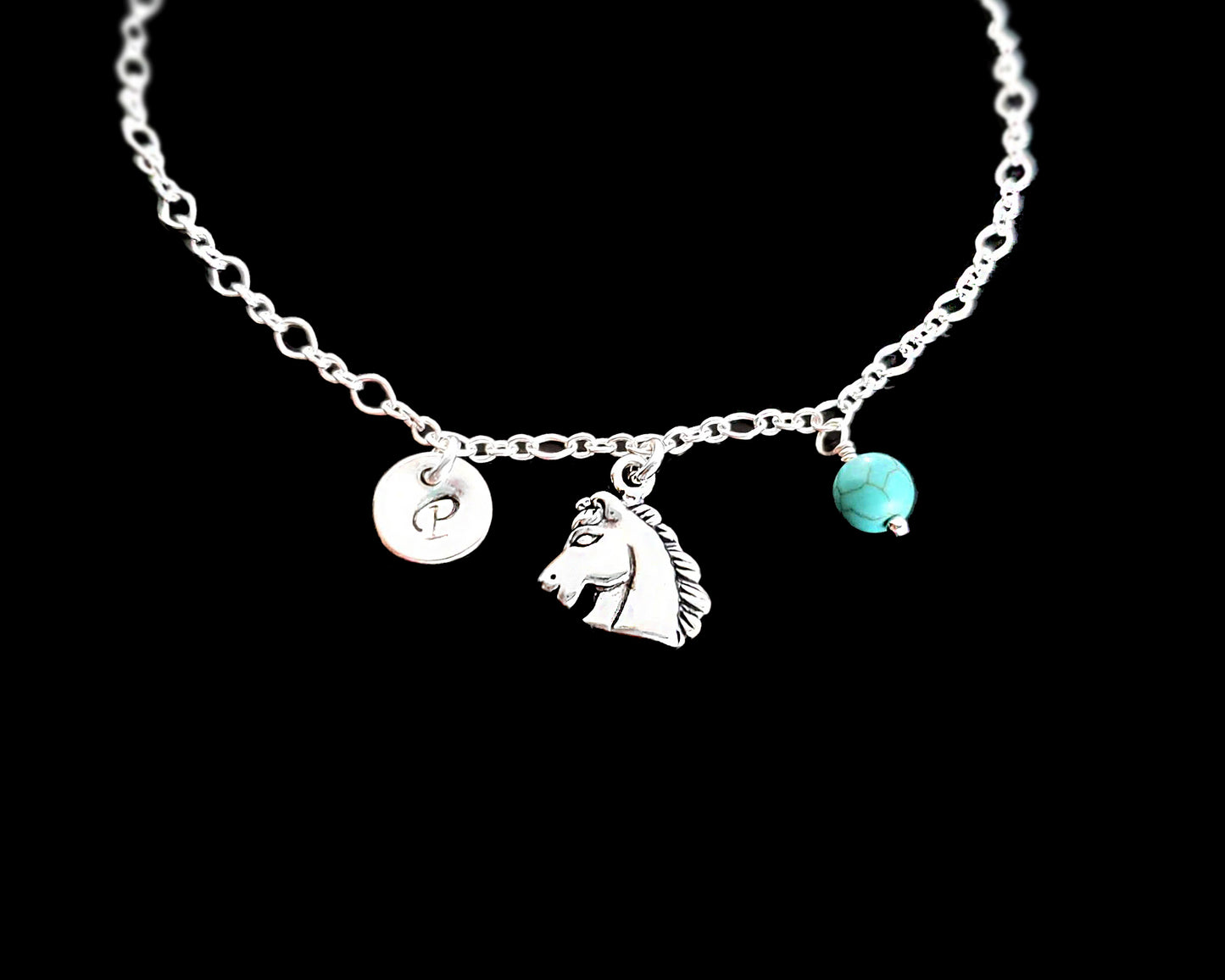 Personalized Horse, Initial, Birthstone, Eternity Anklet-Ankle Bracelet, Sterling Silver-Gemstone, Hand Stamped Initial, Eternity Pendants on Strong Chain