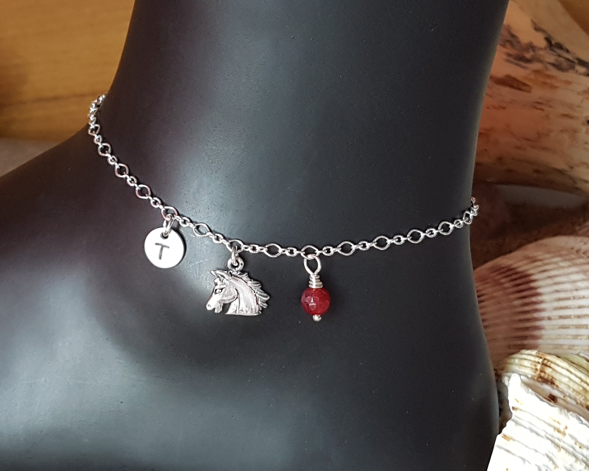 Personalized Horse, Initial, Birthstone, Eternity Anklet-Ankle Bracelet, Sterling Silver-Gemstone, Hand Stamped Initial, Eternity Pendants on Strong Chain